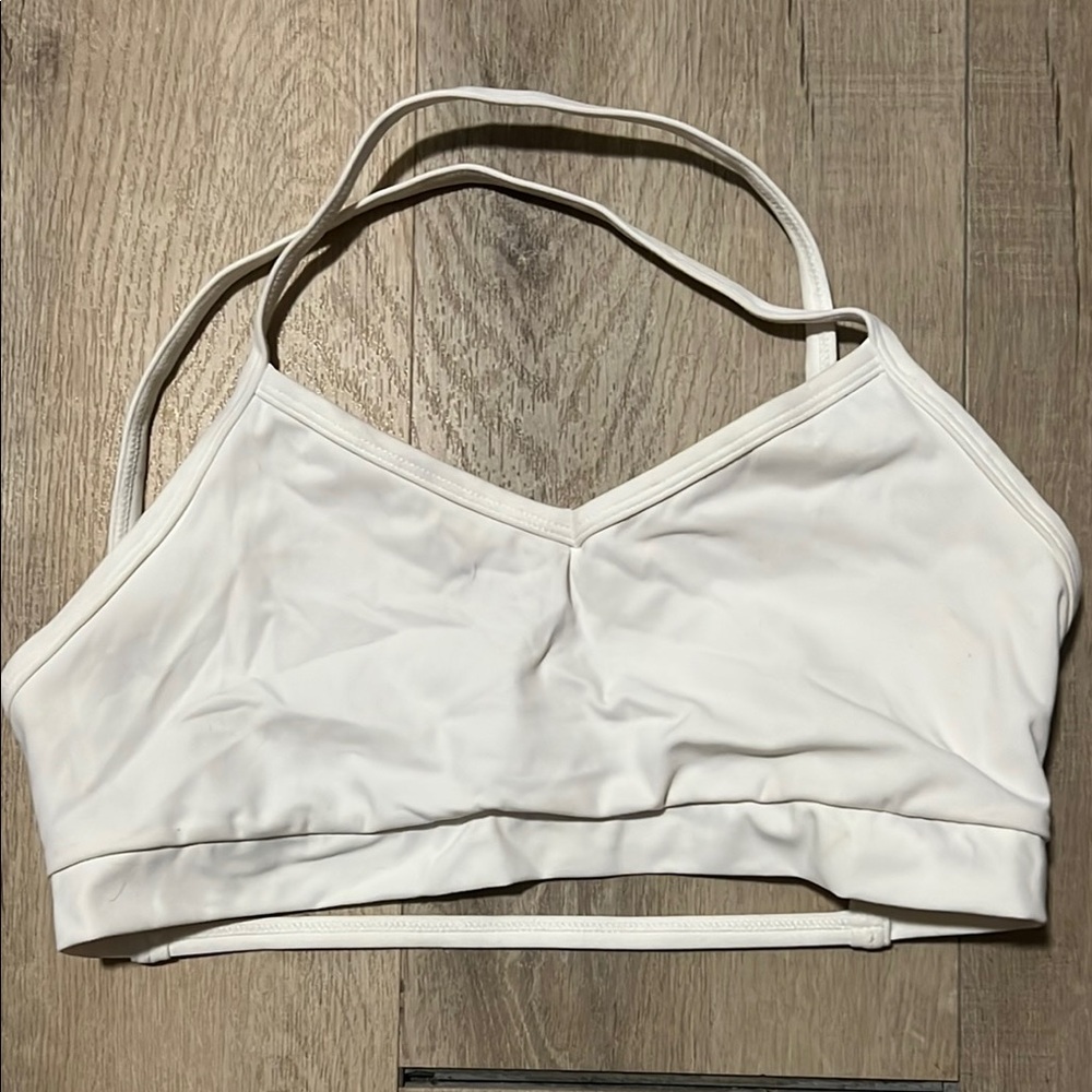 White Sports Bra with Adjustable Straps and Ruched Front